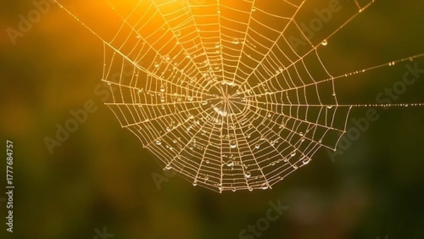 Obraz ethicist. Morning dew glistening on a delicate spiderweb in golden light. wildlife magazines, conservation campaigns, designed for nature documentaries and education, used by devops engineers.