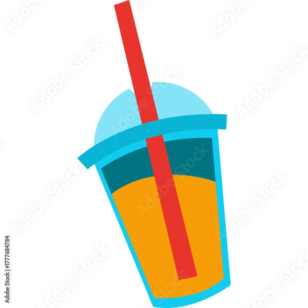 Fototapeta A Stylized Illustration Of A Blue Cup Filled With Orange Liquid And A Red Straw For A Beverage