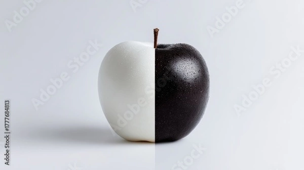 Fototapeta Conceptual image of an apple split in half, white and black contrast