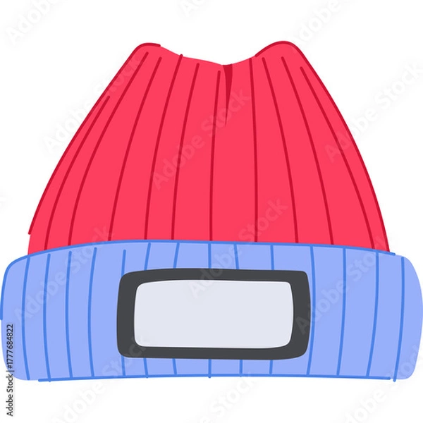 Fototapeta A Cartoon Illustration Of A Red And Blue Knit Beanie Hat With A Blank Label In The Front On A Transparent Background