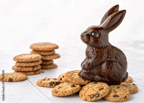 Fototapeta chocolate bunny on a mountain of cookies, sweets, desserts