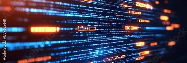 Obraz futuristic digital data stream with neon blue and orange highlights in cyber network environment