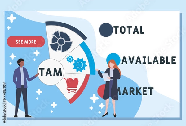 Fototapeta TAM - total available market acronym. business concept background. vector illustration concept with keywords and icons. lettering illustration with icons for web banner, flyer, landing