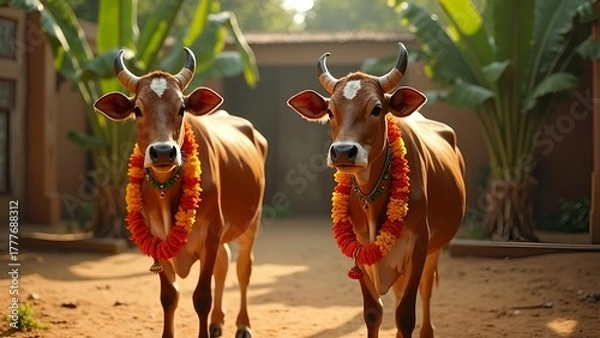 Fototapeta Pongal theme Cows with garlands