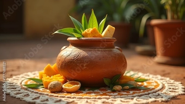 Fototapeta Pongal theme clay pot