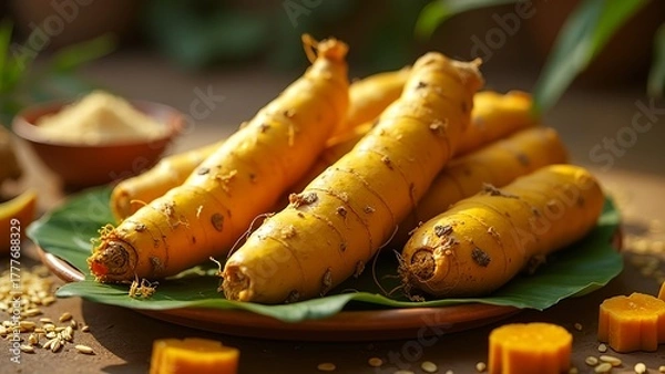 Fototapeta Pongal theme Fresh turmeric roots