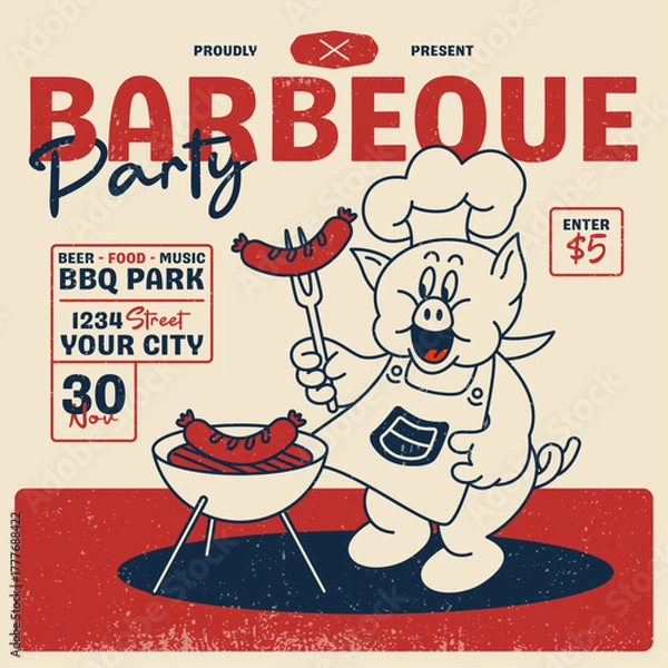 Obraz Vintage-style poster illustration of cheerful pig chef grilling sausages on BBQ grill. Retro barbeque design with distressed texture for event promotion and restaurant marketing.