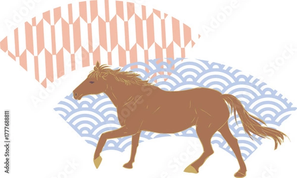 Fototapeta タイトル	走る馬のシルエットと扇・年賀状用素材