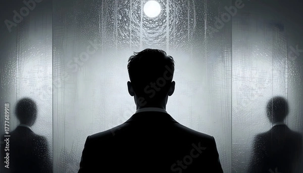 Obraz Dark Silhouette of a Businessman Facing a Bright Light with Ghostly Reflections on a Grayscale Background, Concept for Corporate Power, Mystery, Leadership, Secret, or Dramatic Thriller Poster Templat