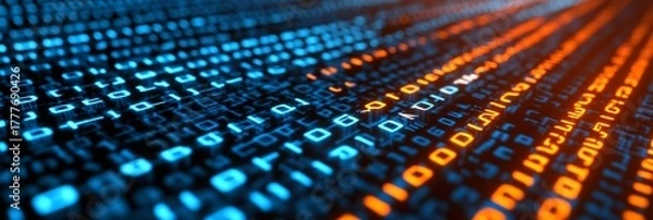 Fototapeta digital data stream with binary code in blue and orange colors for technology and cybersecurity concepts