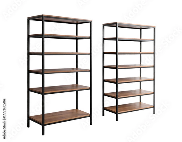 Obraz Two tall wooden and metal shelving units on a black background