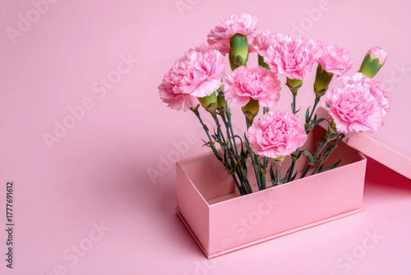 Obraz Carnations in a pink box, Creative modern bouquet, minimal holiday concept. Greeting card for Women's Day or Mother's Day, happy birthday, wedding, gift for loved ones, place for text, banner