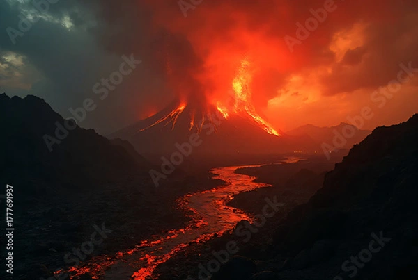Obraz Erupting volcano with flowing lava at night