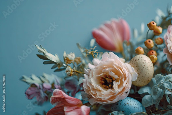 Obraz 
Abstract floral composition, still life, spring banner, minimal holiday concept. Mother's day card, happy birthday, wedding, selective focus, gift for loved ones, place for text,