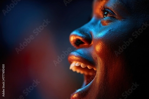 Fototapeta Joyful expression captured during a lively performance in an intimate setting at night