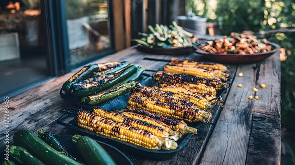 Fototapeta Summer Vegetables On Rustic Pine Table Char