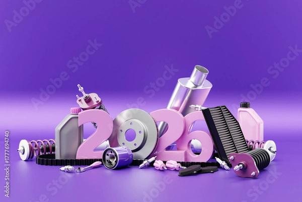 Obraz Greeting Christmas card with inscription 2026 and auto parts of the car on a purple isolated background. Parts for car repair. Concept of new year and Christmas in the automotive industry.