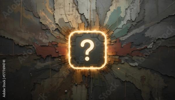 Obraz Glowing Orange Question Mark Icon Centered on a Dark, Grunge, and Rusty Exploding Metal Wall Background, Concept for Mystery, Crisis, Unanswered Questions, Discovery, or Dramatic Game Interface