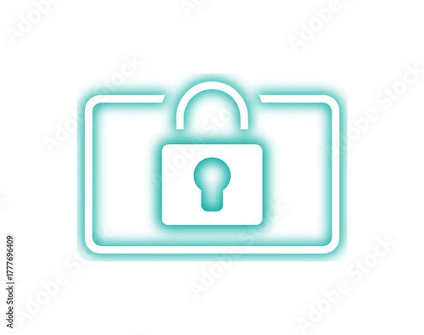 Fototapeta Neon Secure Suitcase Lock Icon for Privacy Protection, Safe Travel and Cyber Security Apps