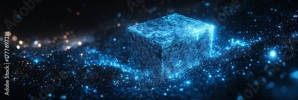 Fototapeta futuristic digital cube in glowing blue particles for technology and innovation concepts
