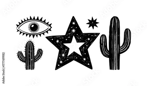 Fototapeta Black and White Desert Icons: Cactus, Star, and Evil Eye Symbol