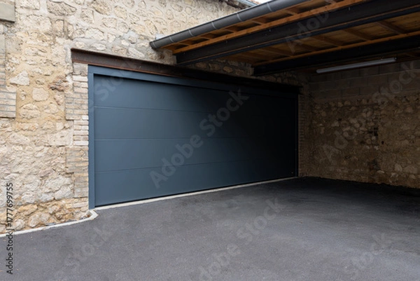 Fototapeta Porte de garage grise anthracite installée par un professionnel, encadrée par un mur en pierre beige et un sol en macadam, entre modernité et authenticité.
