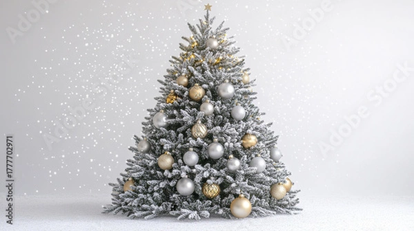 Fototapeta Silver Christmas tree decorated with gold and silver baubles and star on top, surrounded by falling snowflakes creating festive and joyful winter holiday atmosphere
