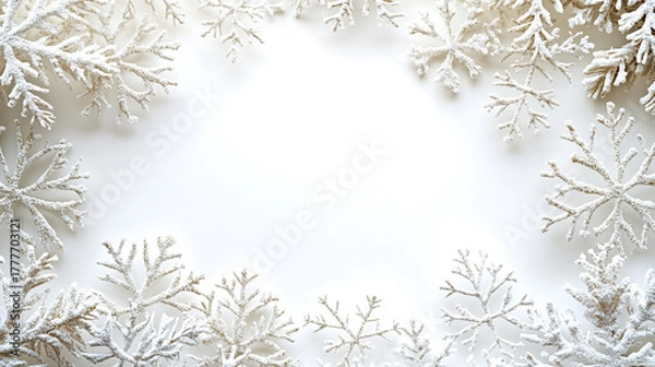 Fototapeta White snowflake decoration frame with glitter on simple elegant white background, creating festive and wintery atmosphere with space in center for text or design