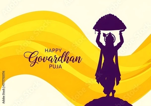 Fototapeta Happy Govardhan Puja greeting card design featuring Lord Krishna lifting Mount Govardhan