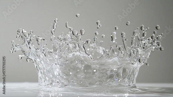 Fototapeta Single water drop captured mid splash on white background, creating clear crown shaped splash with droplets suspended in air, showcasing fluid motion and transparency