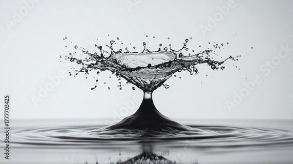 Fototapeta Single water droplet creates dynamic splash with intricate ripples and droplets suspended in midair, showcasing fluid motion and natural elegance in monochrome tones