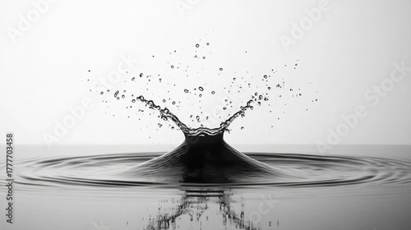 Fototapeta Water splash with droplets creating dynamic ripples on smooth surface, captured in high contrast black and white photography, showing fluid motion and energy in minimalistic style