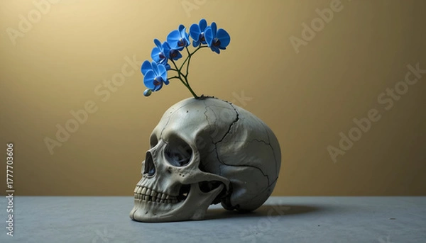 Obraz Still Life of a Human Skull with a Single Vibrant Blue Orchid Growing Out of the Cranium Against a Gold and Brown Background, Conceptual Art for Life and Death Contrast, Mortality, 
