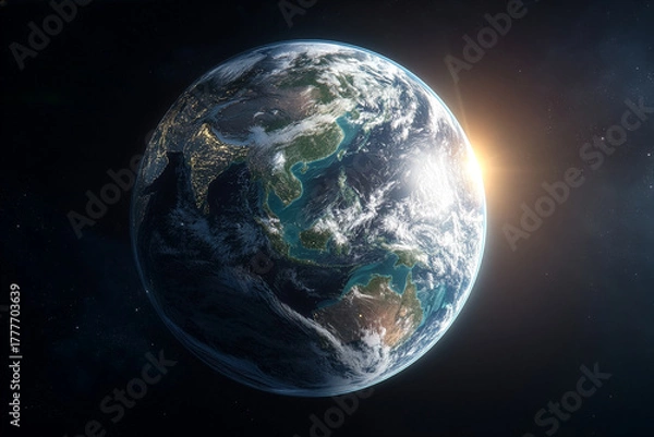 Fototapeta Photorealistic 3D rendering of Earth from space showing Asia and Australia illuminated by sunrise