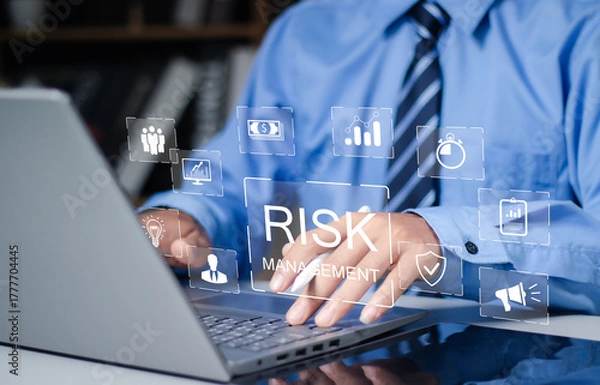 Fototapeta Risk management concept. Businessmen with Risk analysis in business decisions. Risk control and management strategies for risky businesses.