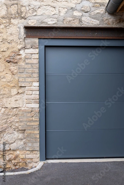 Obraz Porte de garage grise anthracite installée par un professionnel, encadrée par un mur en pierre beige et un sol en macadam, entre modernité et authenticité.