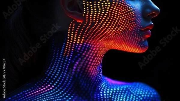 Obraz futuristic neon dot art portrait of a woman with vibrant light patterns