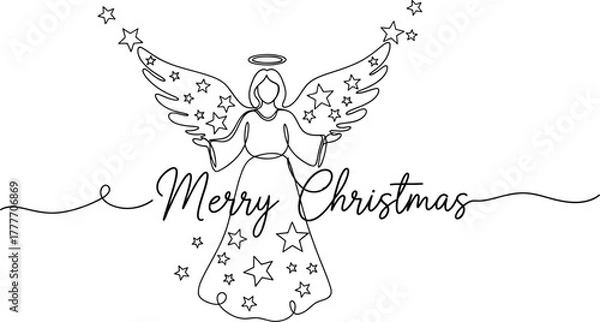 Fototapeta Elegant christmas angel line art with stars and merry christmas text design