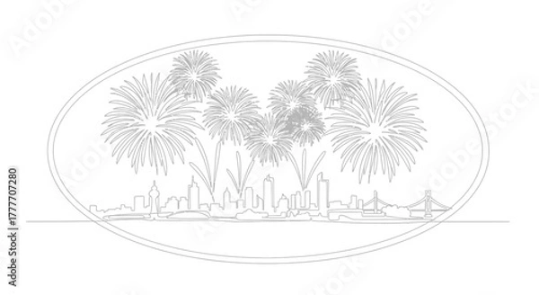 Fototapeta Skyline silhouette with fireworks display in a continuous line drawing style
