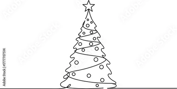 Fototapeta Minimalist christmas tree with star in single line drawing on white background