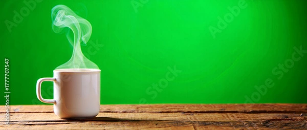 Obraz Warm ceramic mug on a rustic wooden table with gentle steam rising against a vibrant green background, perfect for a cozy morning or comforting break moment
