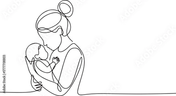 Fototapeta Mother Holding Baby Continuous Line Art Drawing Calm Portrait Minimalistic Style