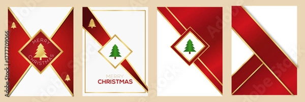 Fototapeta Luxury Red and Gold Merry Christmas Greeting Card Design with Modern Golden Frame and Christmas Tree Element – Elegant Holiday Invitation Template