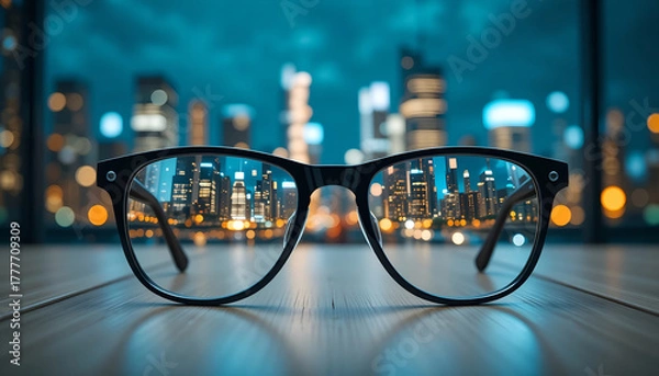 Obraz Black Eyeglasses Reflecting a Sharp, Focused Image of a Night City Skyline While the Background Remains Blurred, Concept for Clear Vision, Business Strategy, Focus, or Finance Template