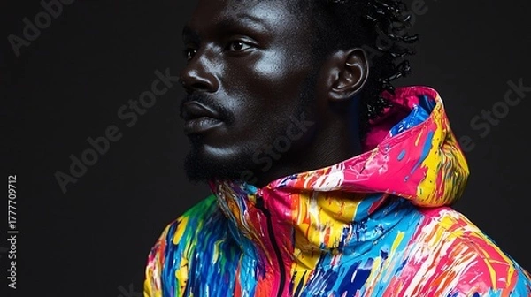 Obraz vibrant artistic portrait of a black man wearing a colorful paint-splattered hoodie