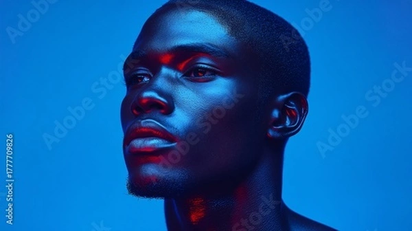 Obraz portrait of a black man under blue and red neon lighting for artistic and modern photography composition