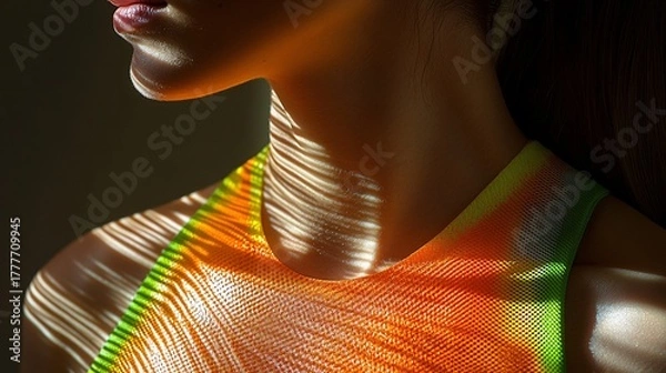 Obraz close-up of a woman's neck and shoulder with colorful light patterns reflecting on skin and clothing