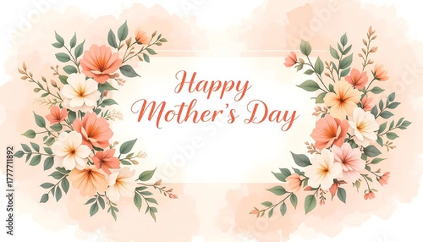Obraz Delicate Happy Mother's Day Text Surrounded by a Corner Arrangement of Watercolor Peach and Cream Flowers on a Soft Pastel Orange Background, Ideal for Greeting Card, Holiday Banner