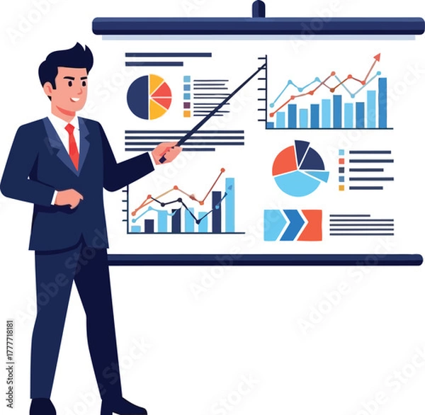 Fototapeta Businessman presenting financial charts and graphs