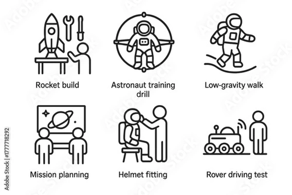Fototapeta Space Camp Icons. Line style icons of space camp activities: rocket build station, astronaut training drill, low-gravity walk icon